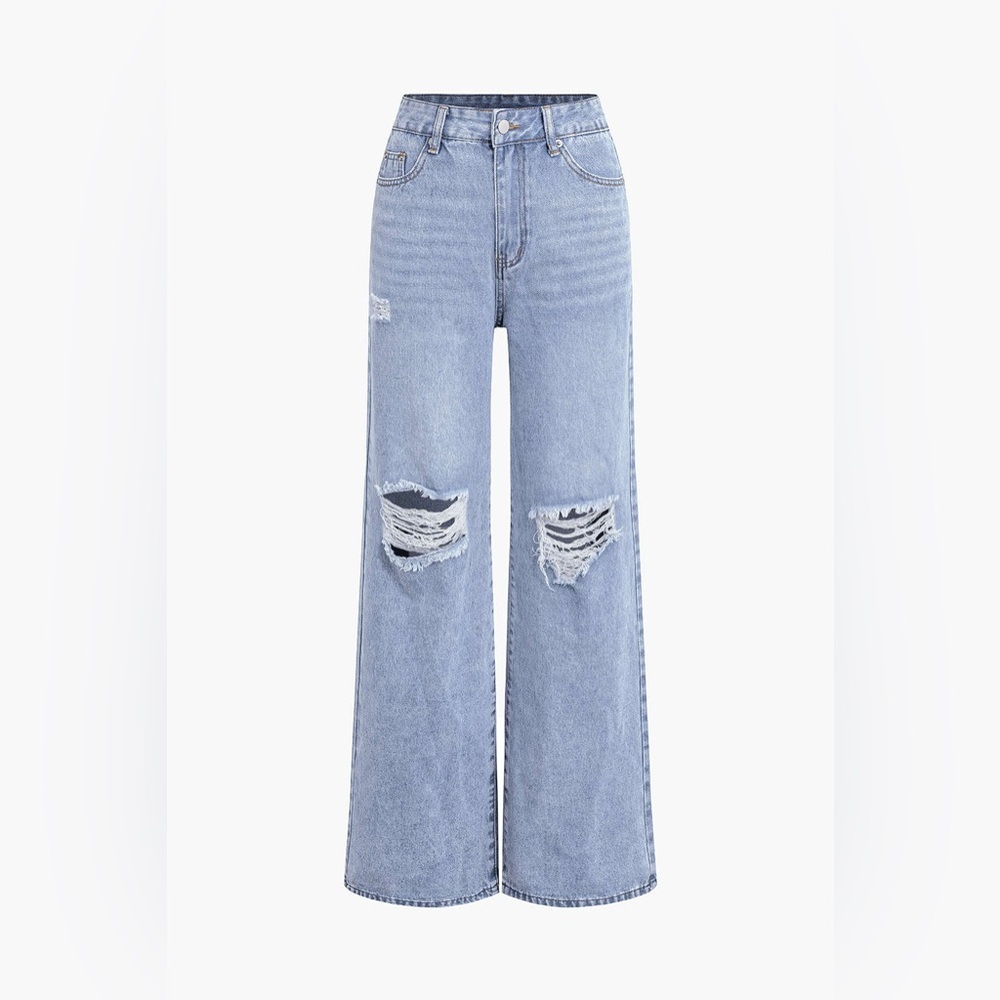 Light Blue High-Waist Wide Leg Distressed Jeans
